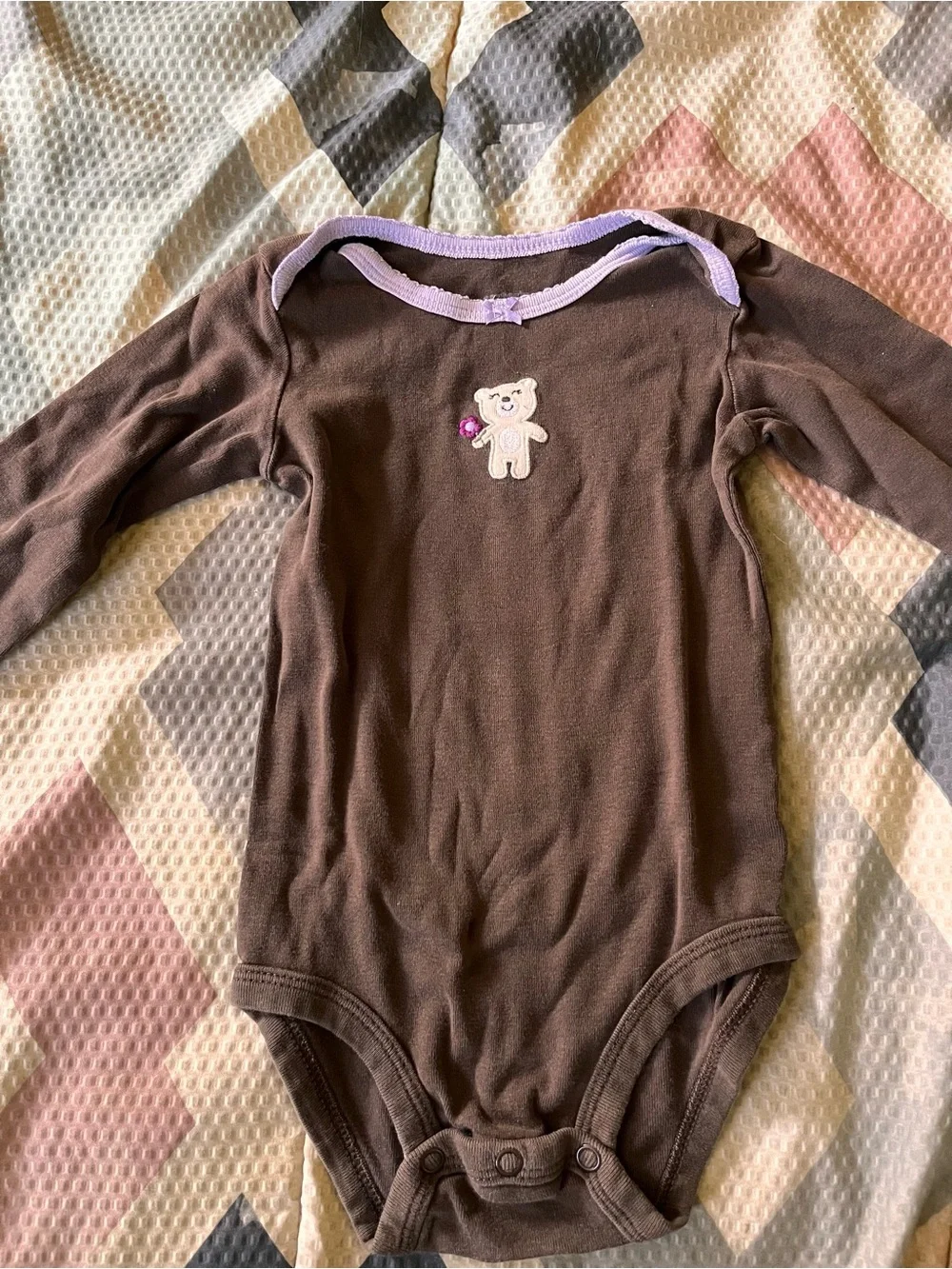 Carter's Brown Bear Long-Sleeve One-Piece Bodysuit with Lavender Trim